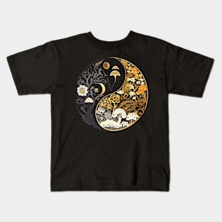 Golden Floral Mushroom Ying Yang Design Kids T-Shirt